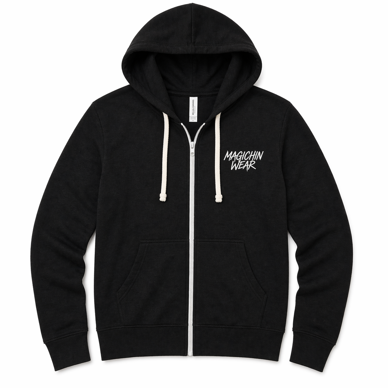 Black hoodie with white drawstrings and 'Magichin Wear' logo on a white background