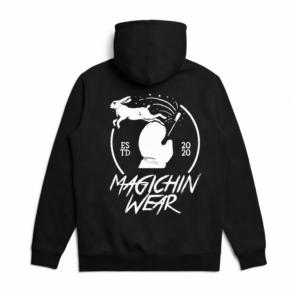 Black hoodie with white graphic and text on a white background