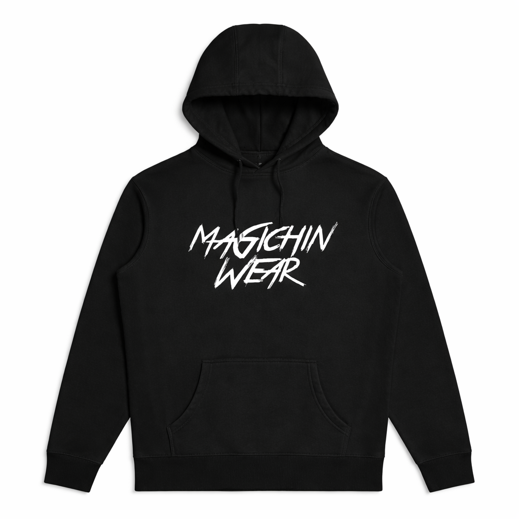 Black hoodie with 'Magichin Wear' text on a white background
