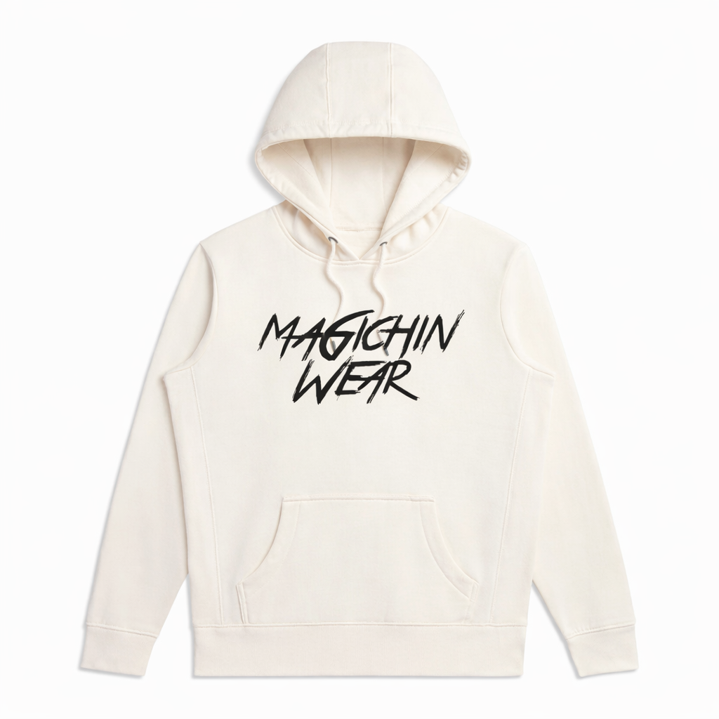 White hoodie with ''Magichin Wear'' text on a white background