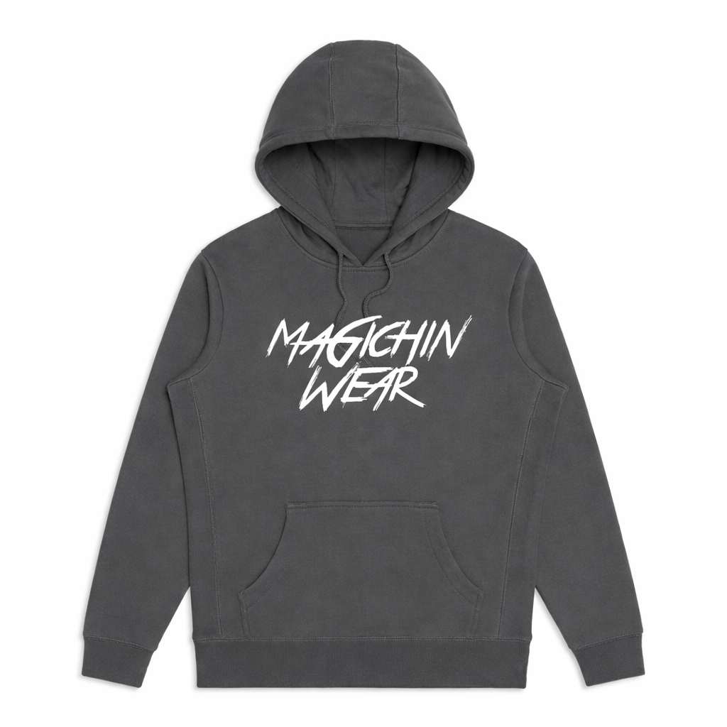 Gray hoodie with 'Magichin Wear' text on a white background