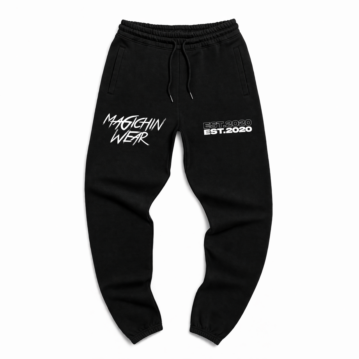 Black sweatpants with white text on a white background