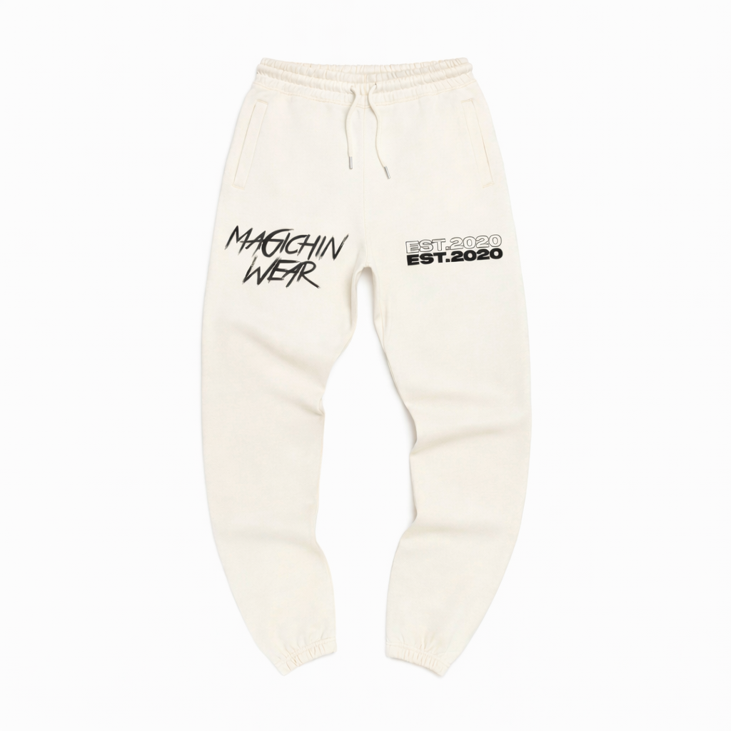 White sweatpants with black text on a white background