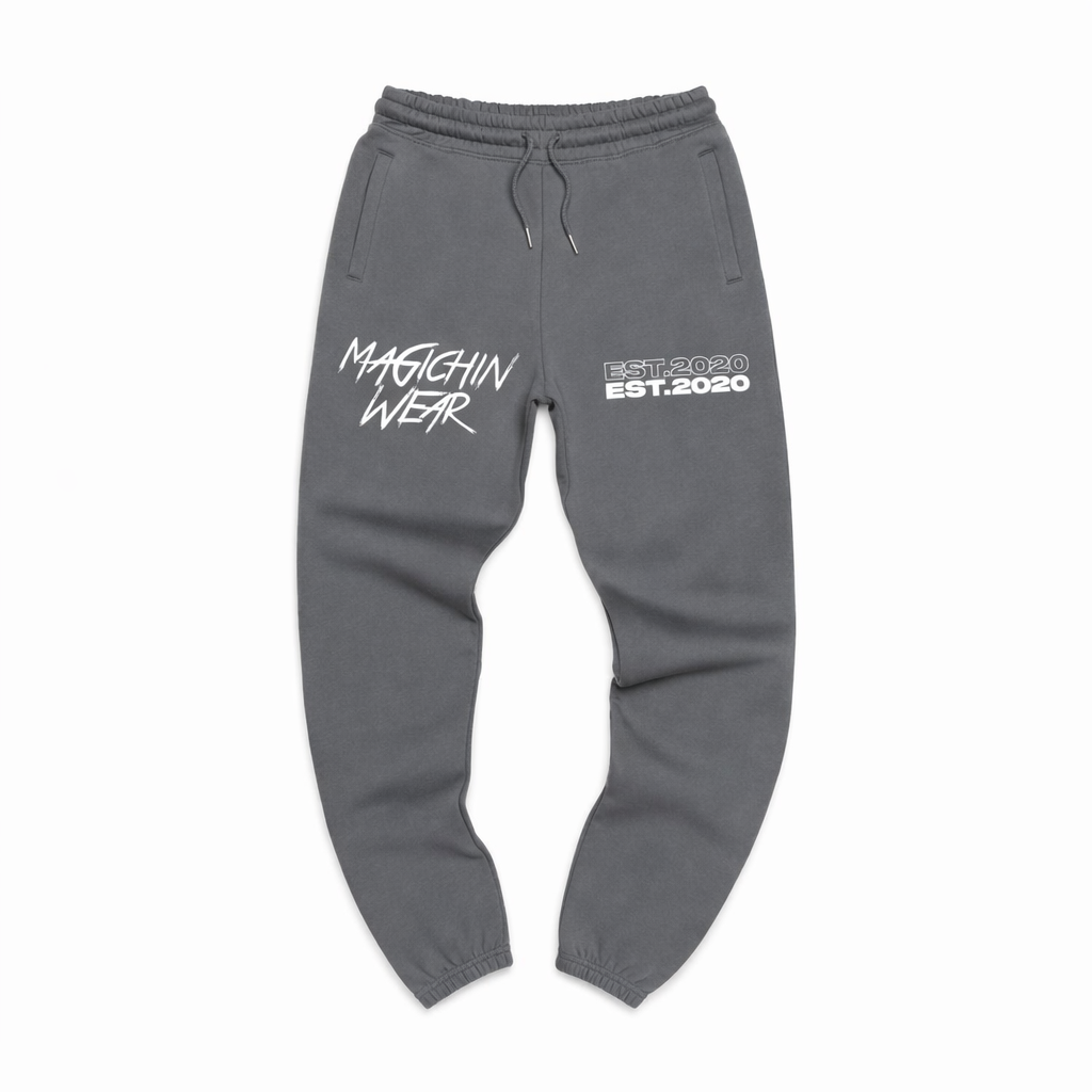 Gray sweatpants with ''Magichin Wear'' text on a white background
