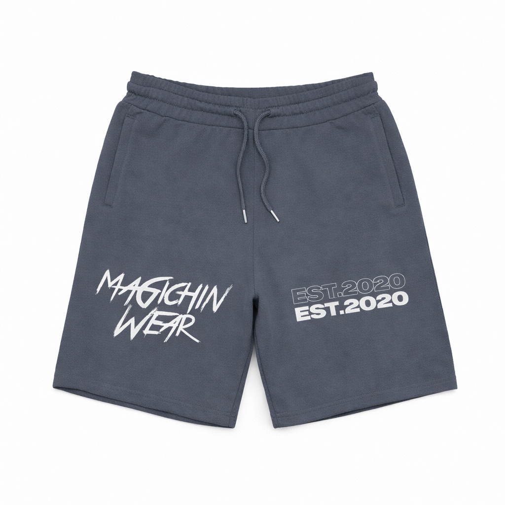 Gray shorts with MAGICHIN WEAR and 'EST. 2020' text on a white background