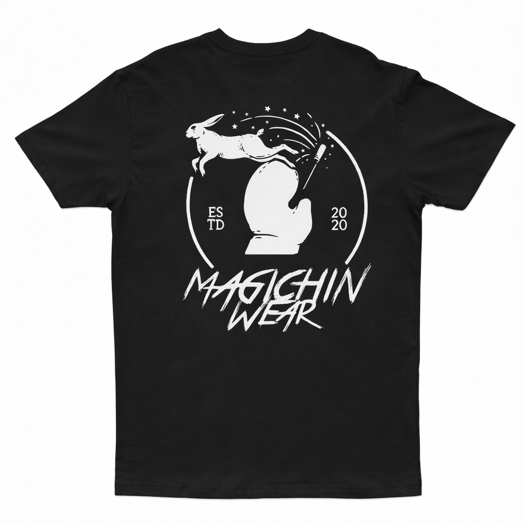 Black t-shirt with white graphic design on a white background