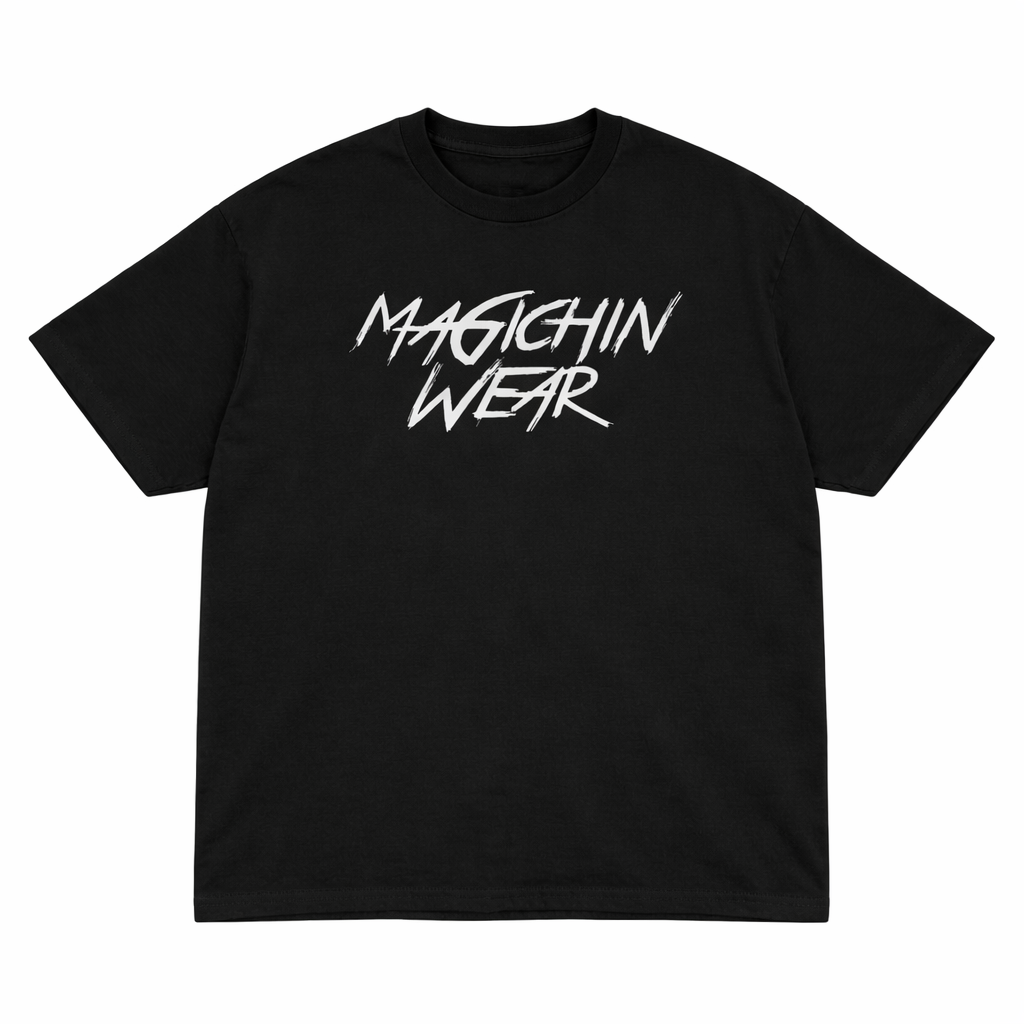 Black t-shirt with 'MAGICHIN WEAR' text on a white background