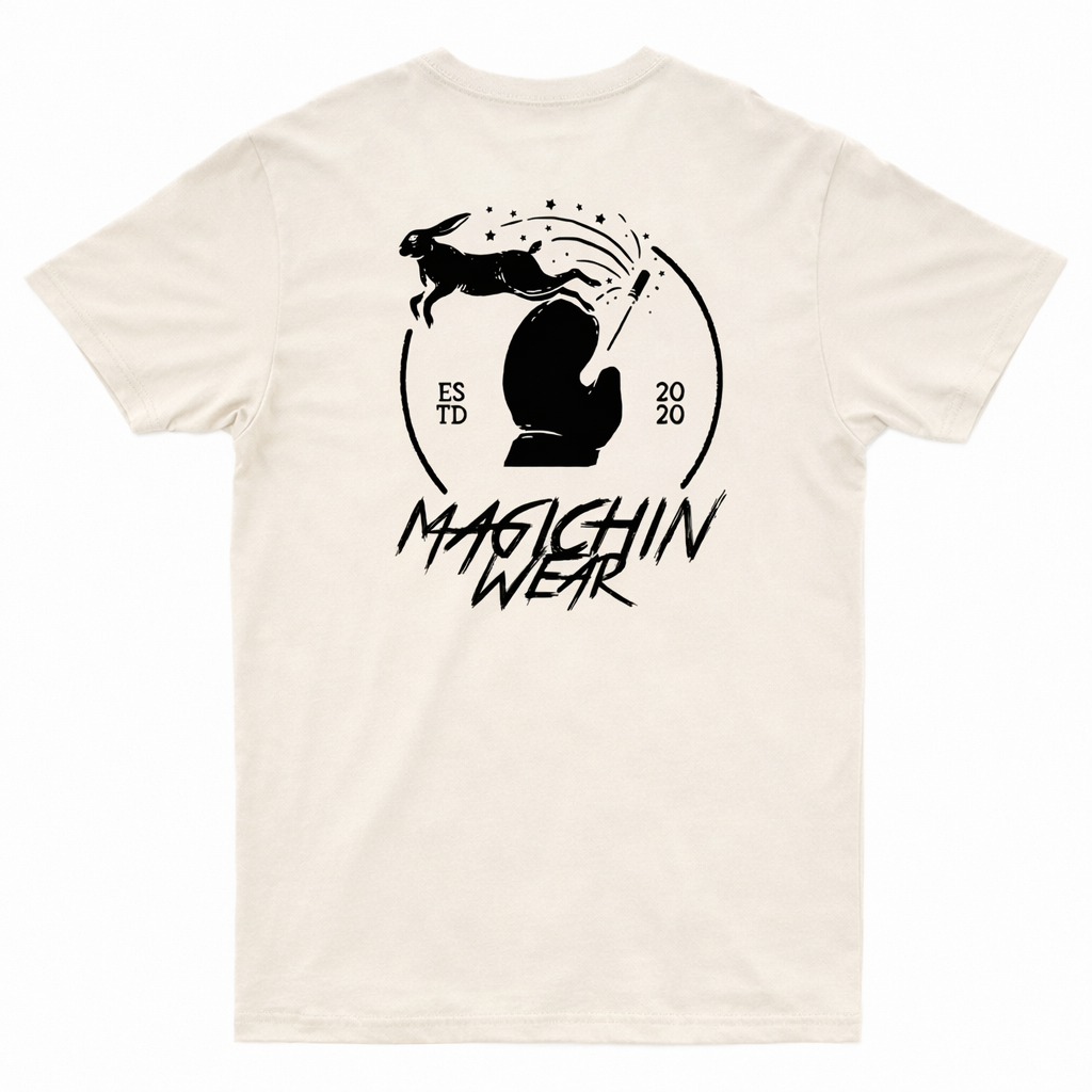 Beige t-shirt with black graphic design and text on a white background