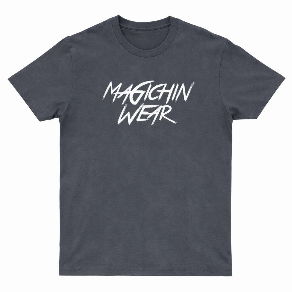 Gray t-shirt with MAGICHIN WEAR text on a white background