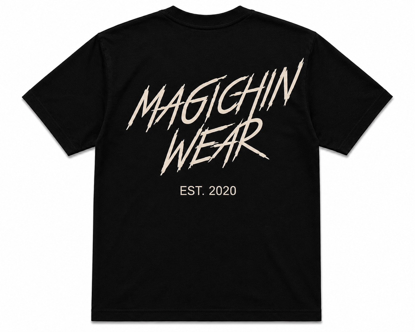Black t-shirt with 'MAGICHIN WEAR' text on a white background
