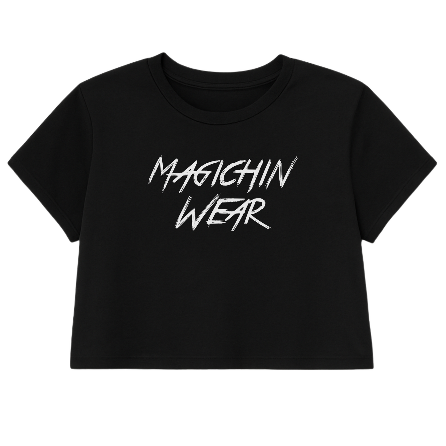 Black crop top with white Magichinwear logo

