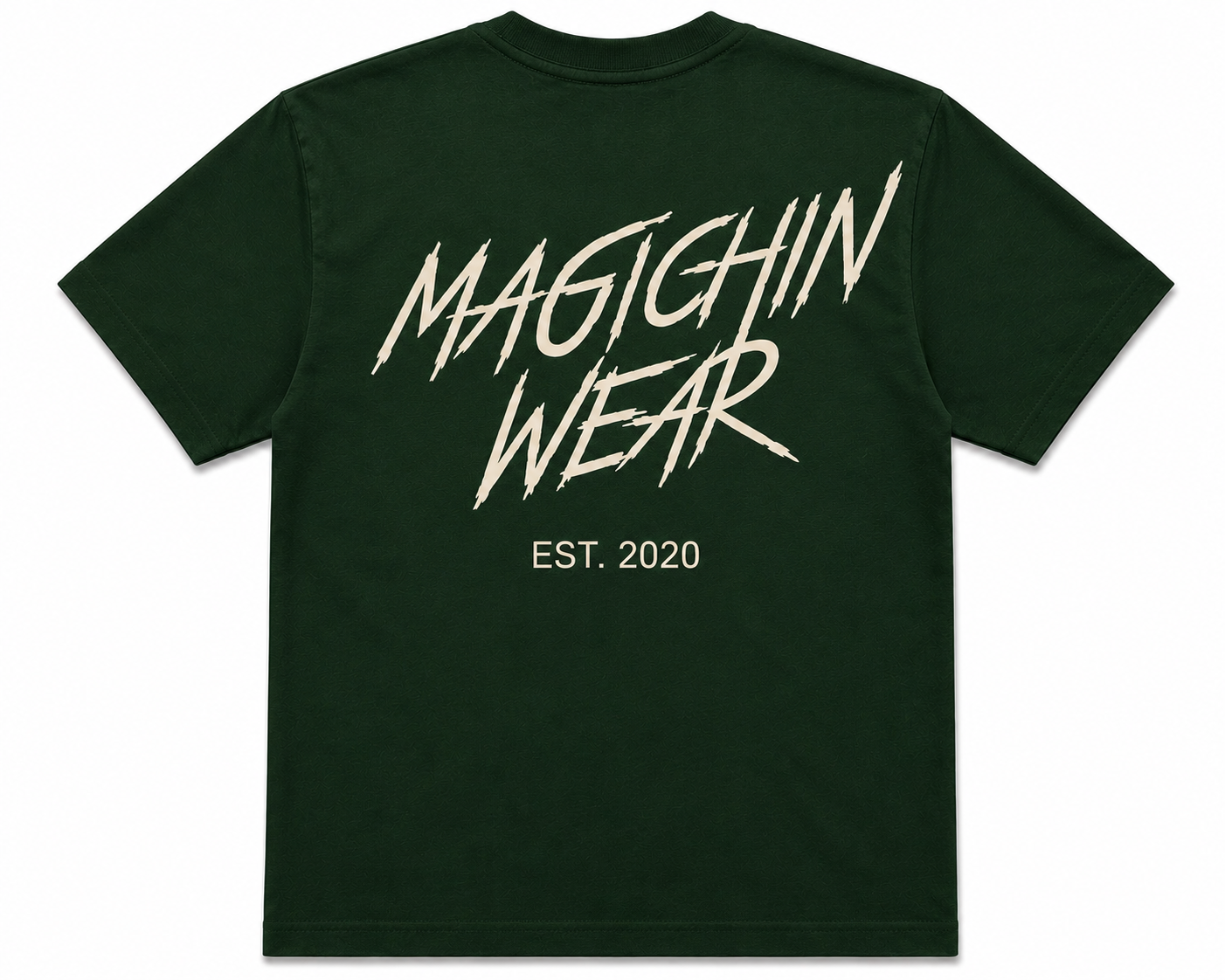 Dark green t-shirt with 'Magichin Wear' text on a white background