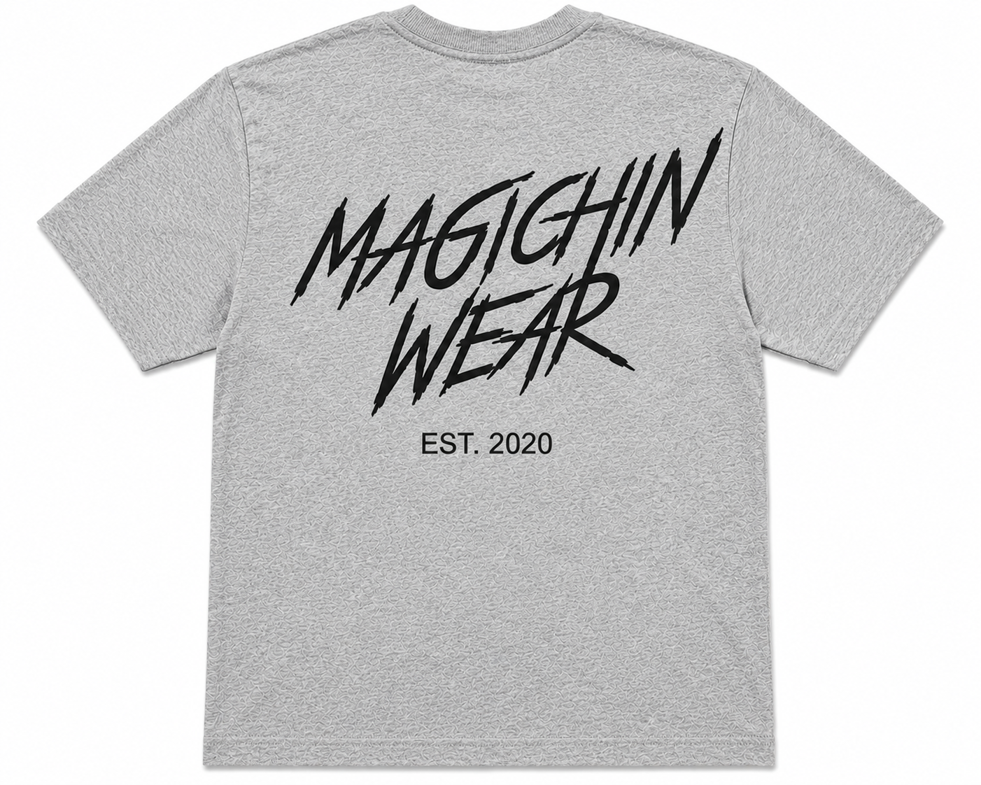 Gray t-shirt with 'Magichin Wear' text on the back against a white background