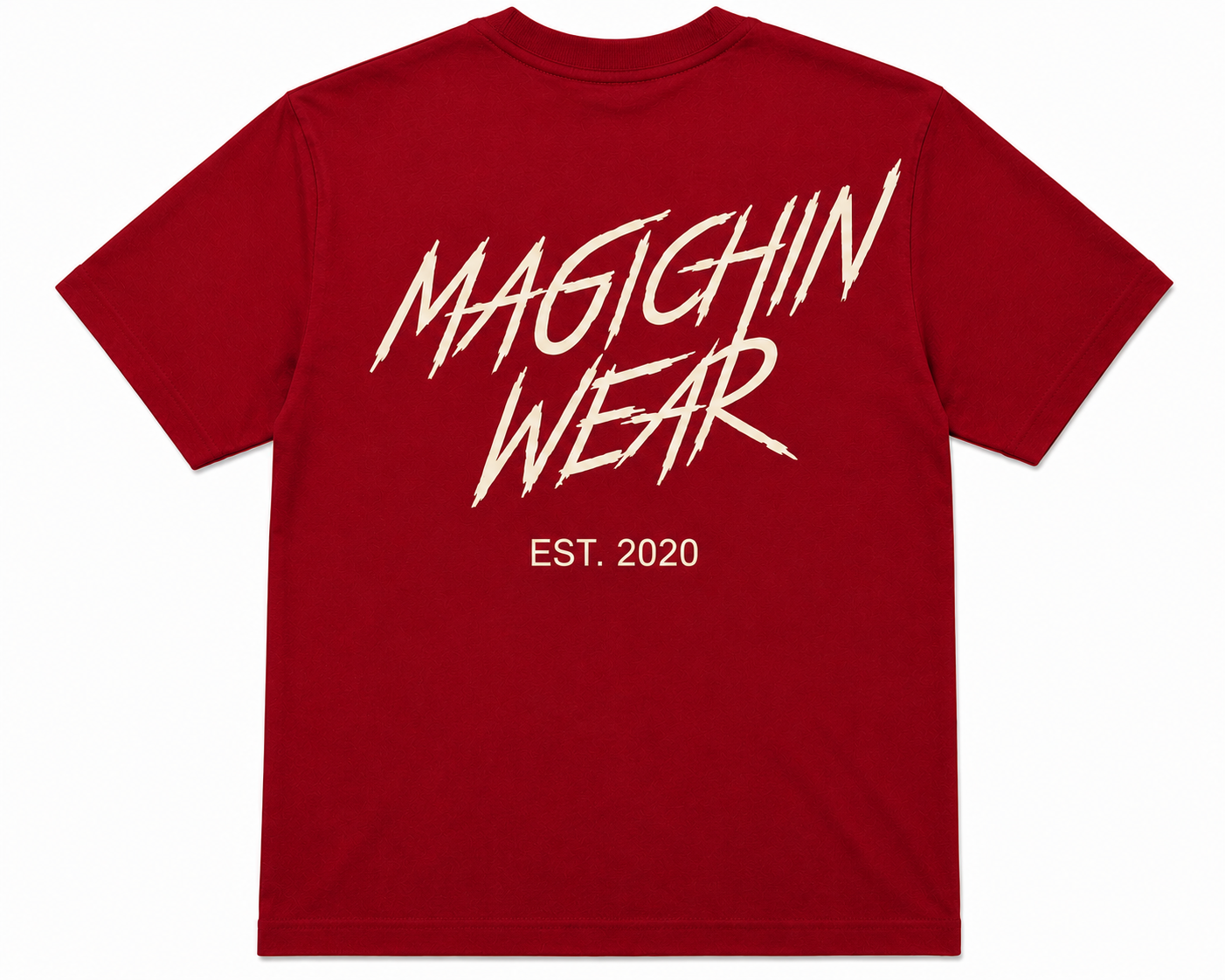 Red t-shirt with 'MAGICHIN WEAR' text on a white background