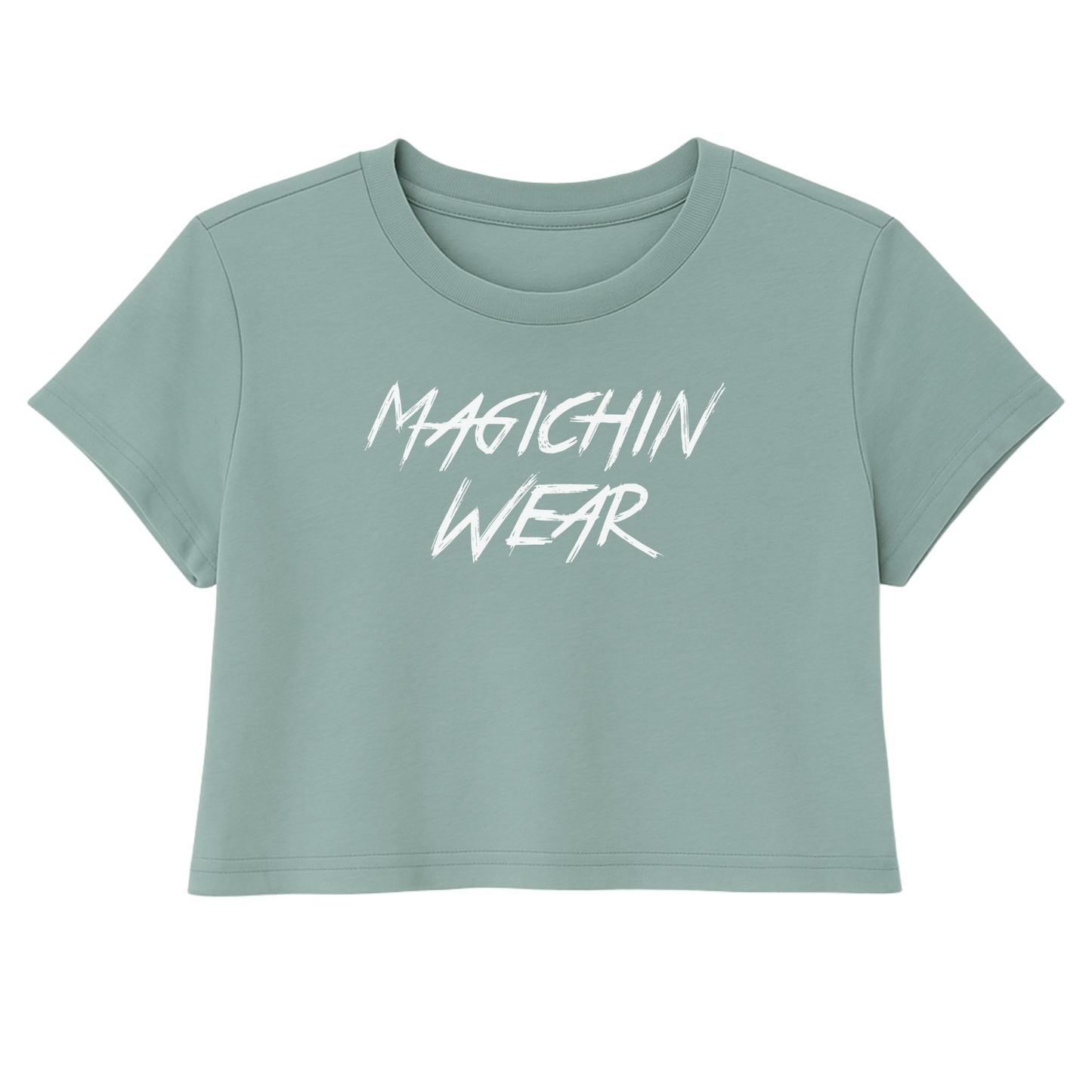 Dusty blue crop top with white Magichinwear logo

