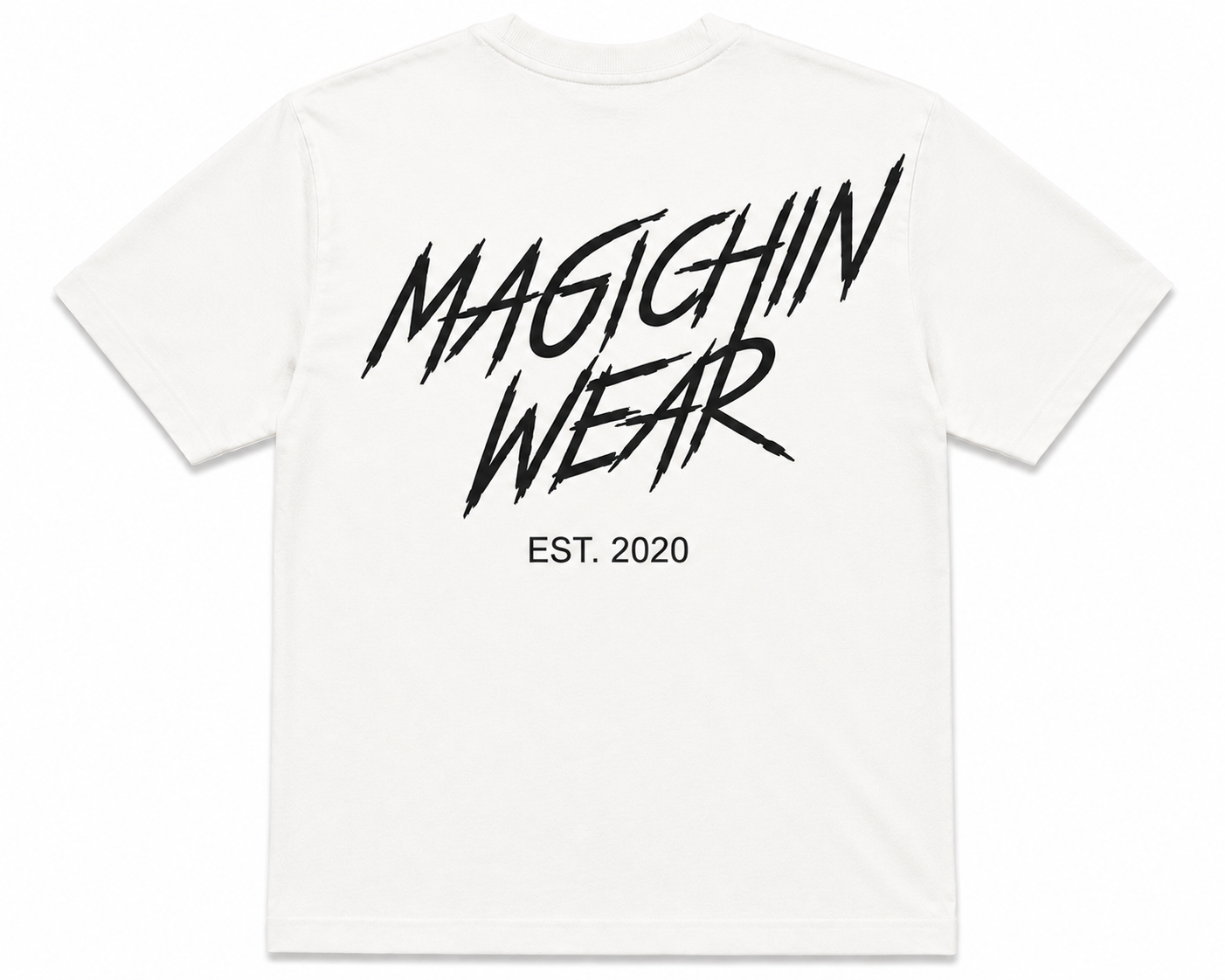 White t-shirt with 'Magichin Wear' text on a white background