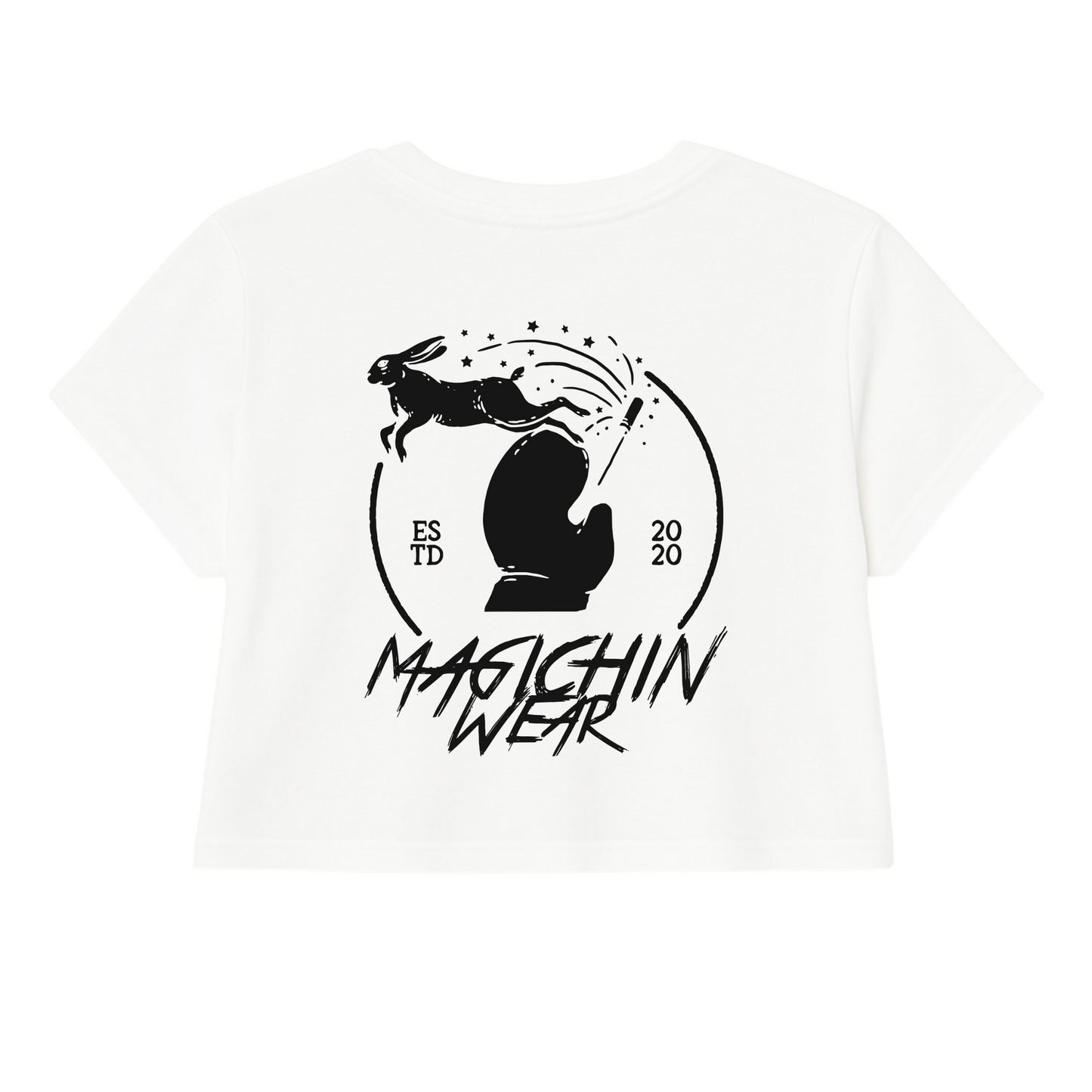 White crop top with rabbit wand graphic (back)

