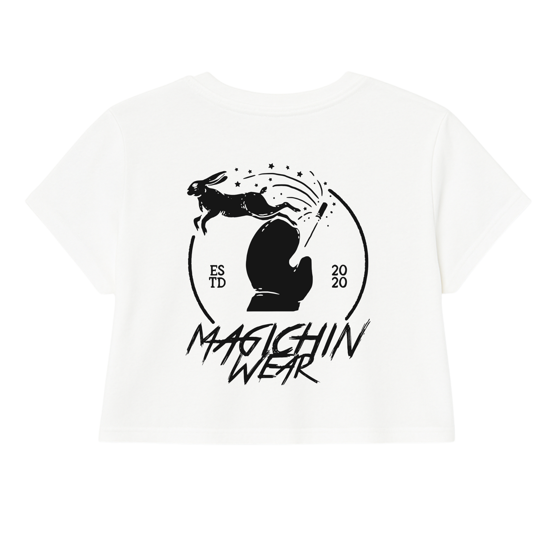 White crop top with rabbit wand graphic (back)

